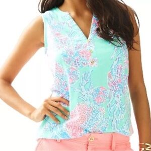 Lilly Pulitzer XS Essie Sleeveless Top Minty Fresh Fansea Gold Buttons